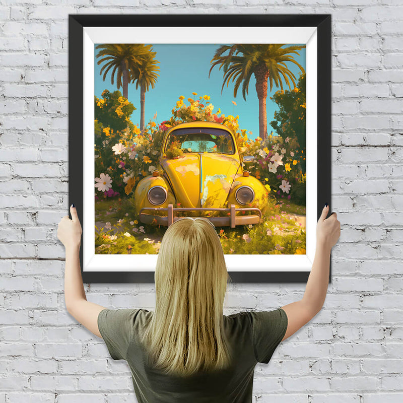 Gelbes Auto gefüllt mit Blumen Diamond Painting