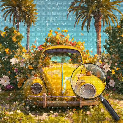 Gelbes Auto gefüllt mit Blumen Diamond Painting