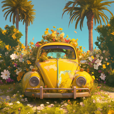 Gelbes Auto gefüllt mit Blumen Diamond Painting
