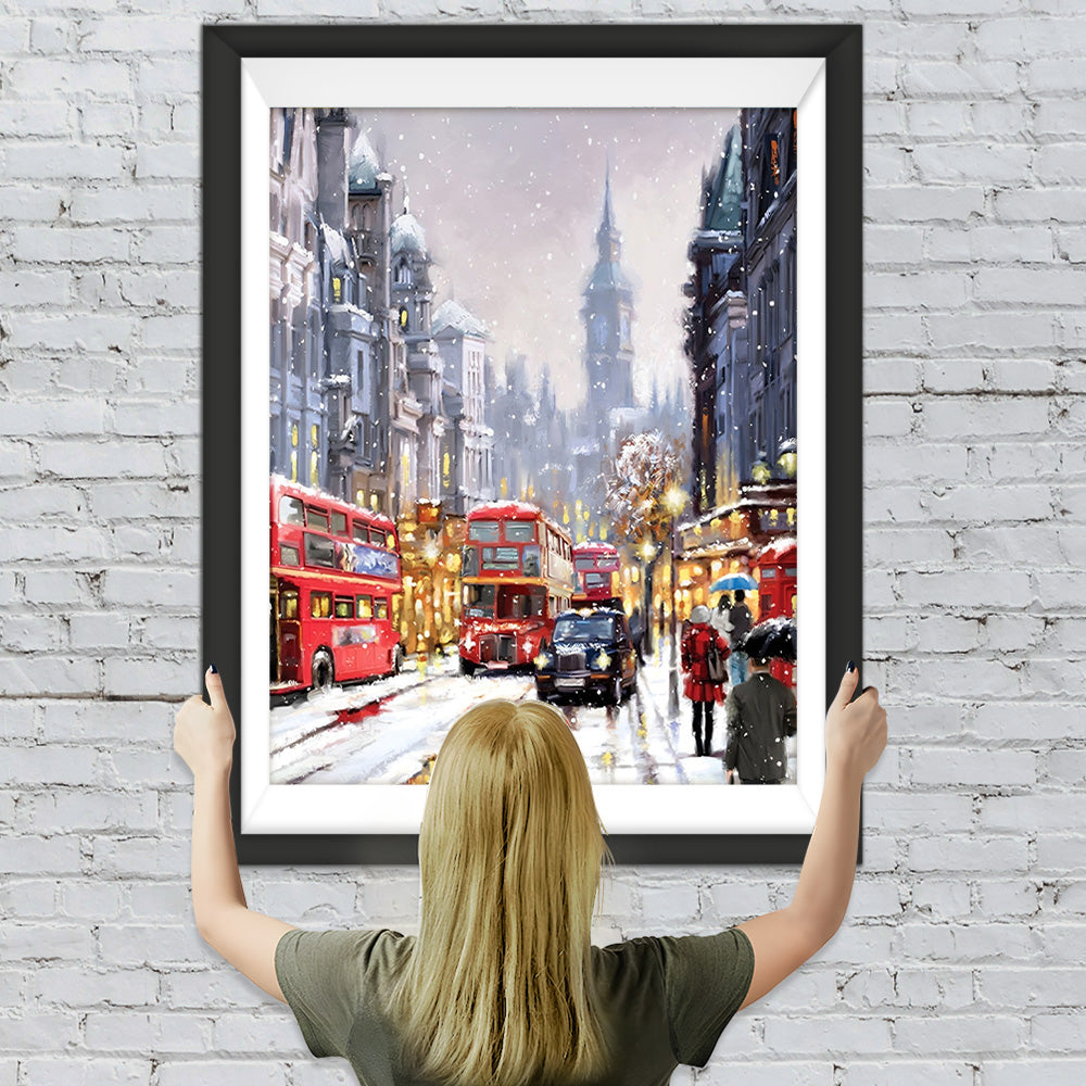 Geschäftige Stadt bei starkem Schneefall Diamond Painting