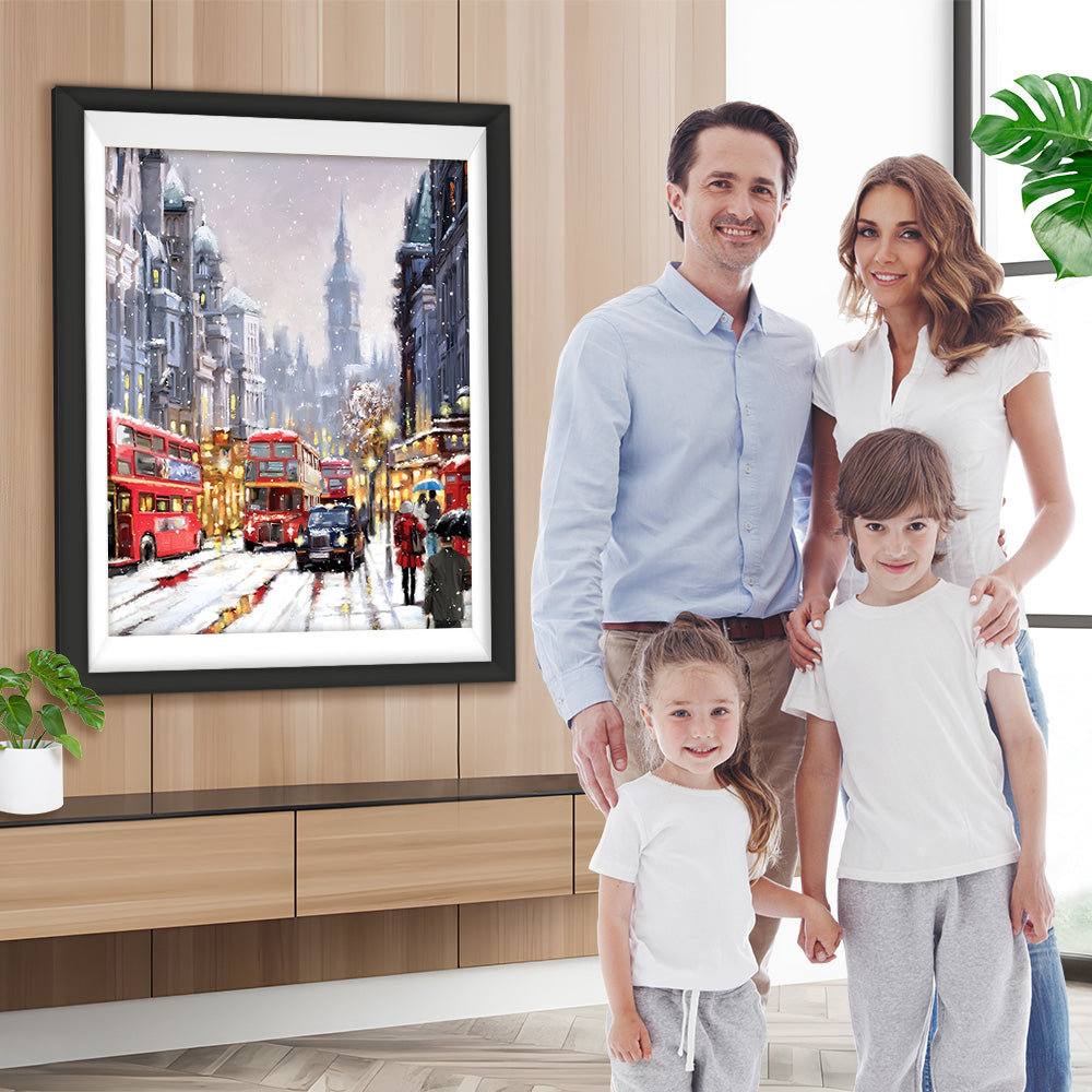 Geschäftige Stadt bei starkem Schneefall Diamond Painting