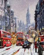 Geschäftige Stadt bei starkem Schneefall Diamond Painting