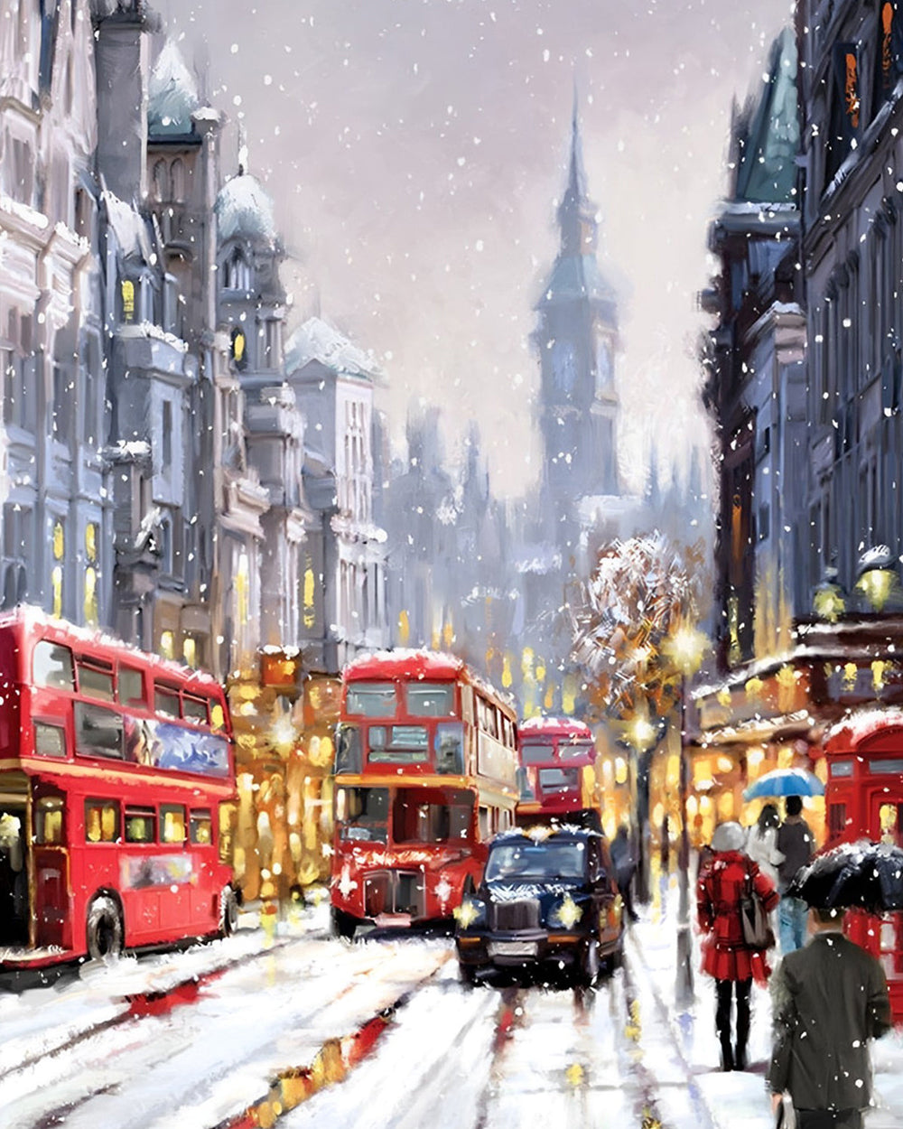 Geschäftige Stadt bei starkem Schneefall Diamond Painting