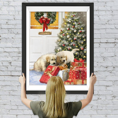 Geschenke und Hunde neben dem Weihnachtsbaum Diamond Painting