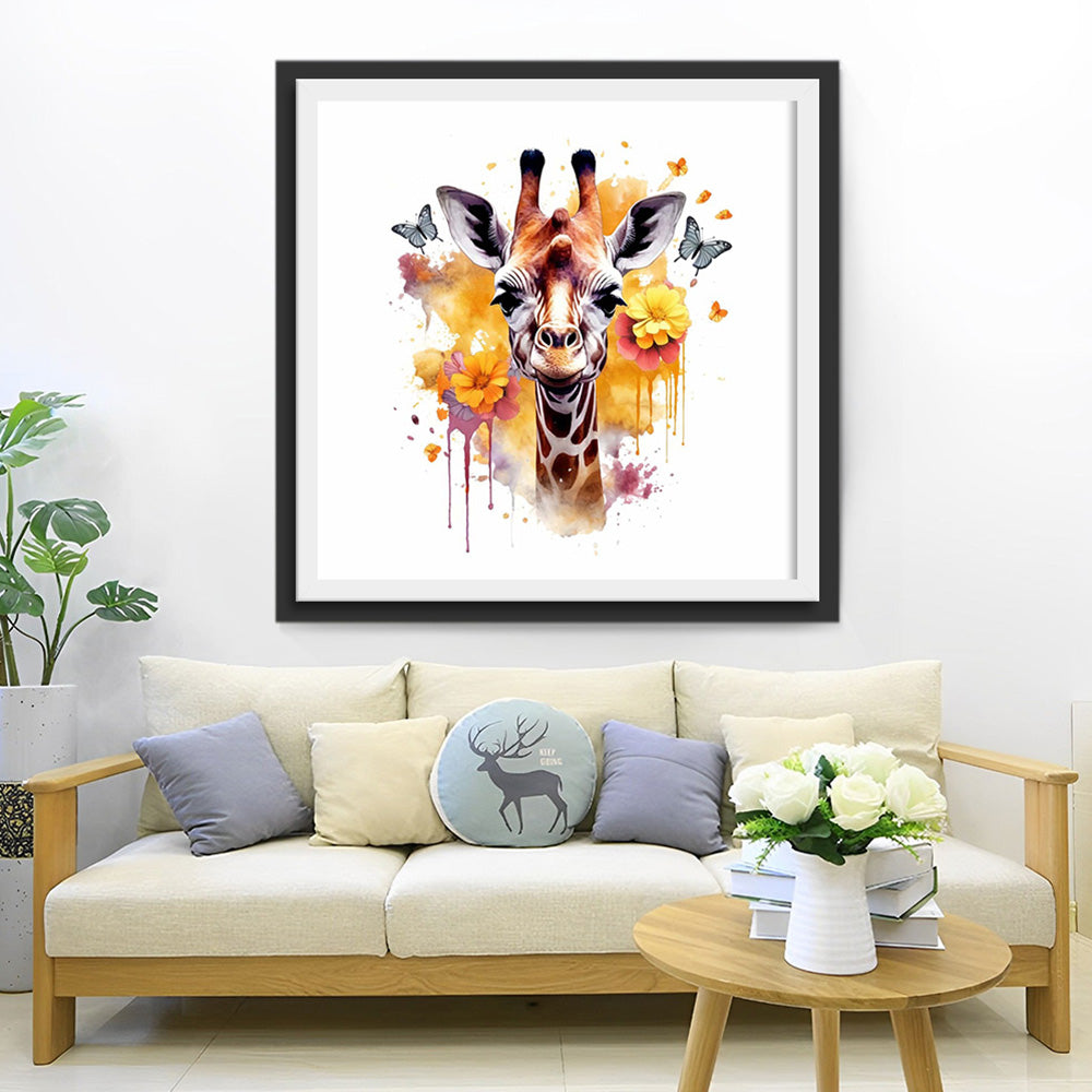 Giraffe, Blumen und Schmetterlinge Diamond Painting