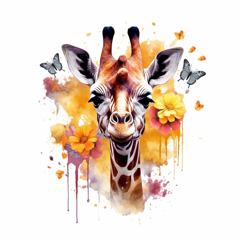 Giraffe, Blumen und Schmetterlinge Diamond Painting