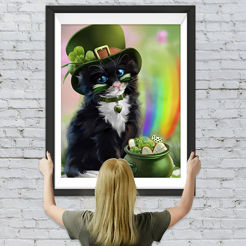 Glückliche schwarze Katze und Regenbogen Diamond Painting