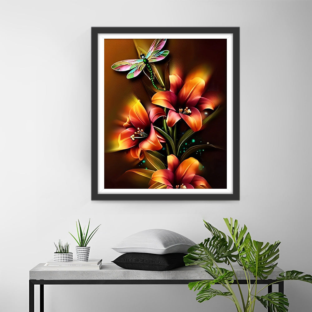 Glühende Lilien und Libelle Diamond Painting