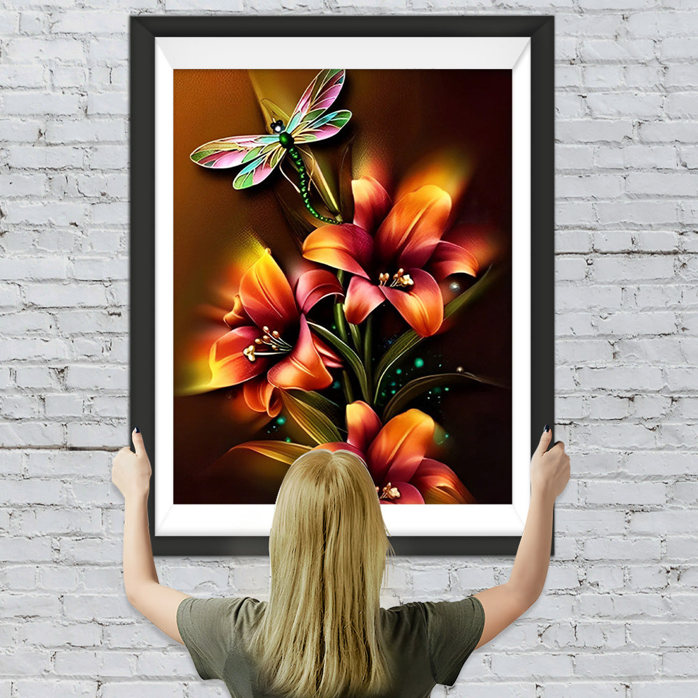 Glühende Lilien und Libelle Diamond Painting