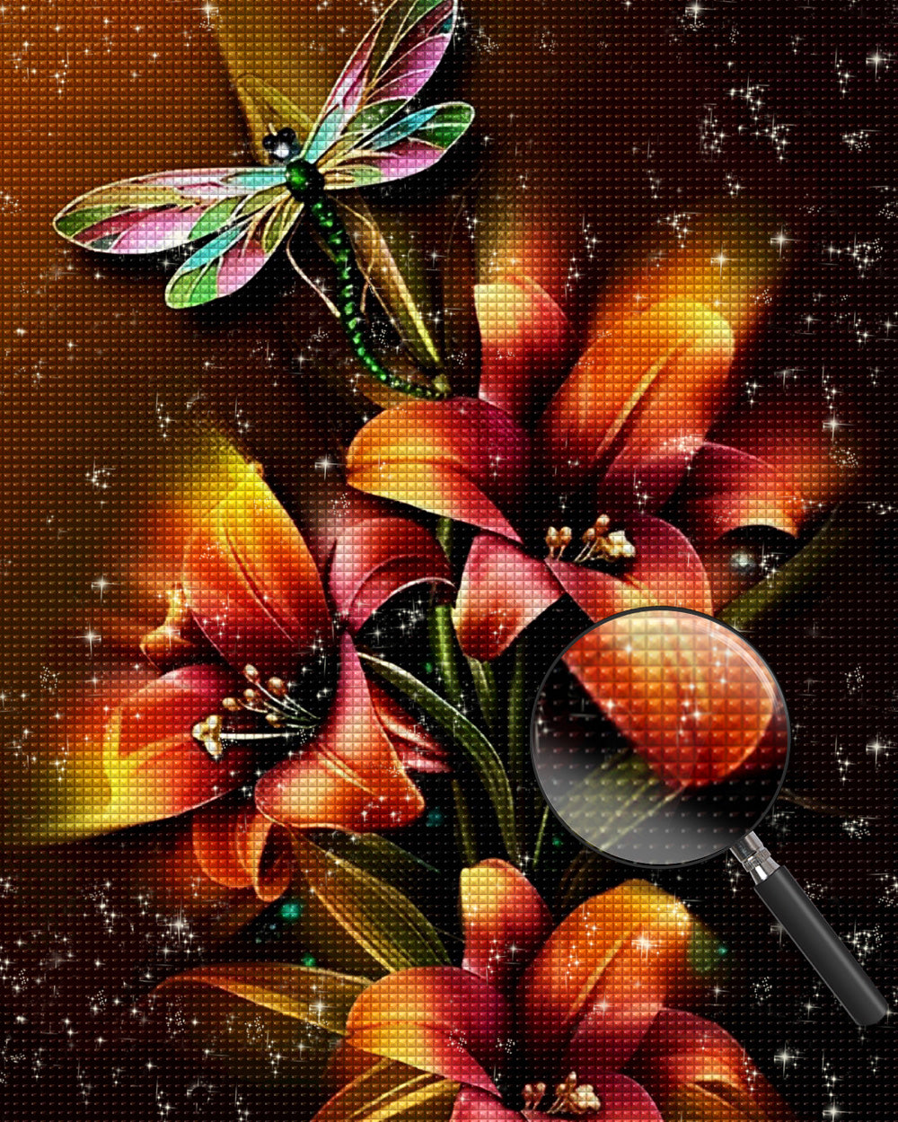 Glühende Lilien und Libelle Diamond Painting