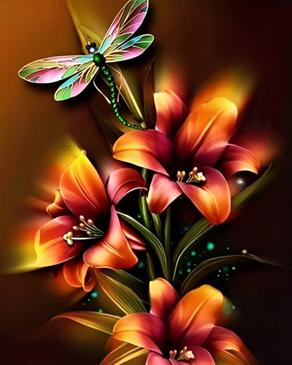 Glühende Lilien und Libelle Diamond Painting