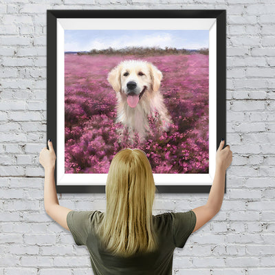 Golden Retriever in rosa Blumen Diamond Painting