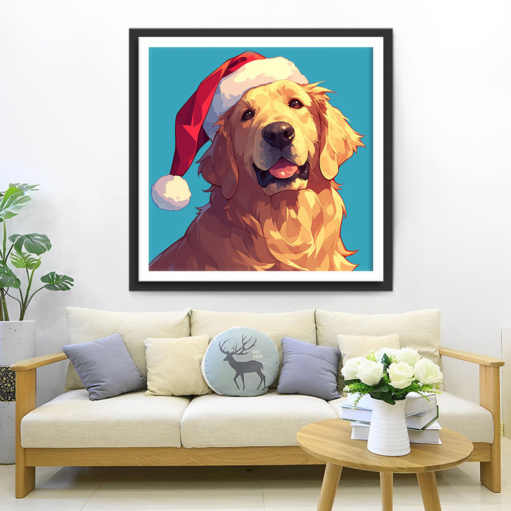 Golden Retriever mit roter Nikolausmütze Diamond Painting