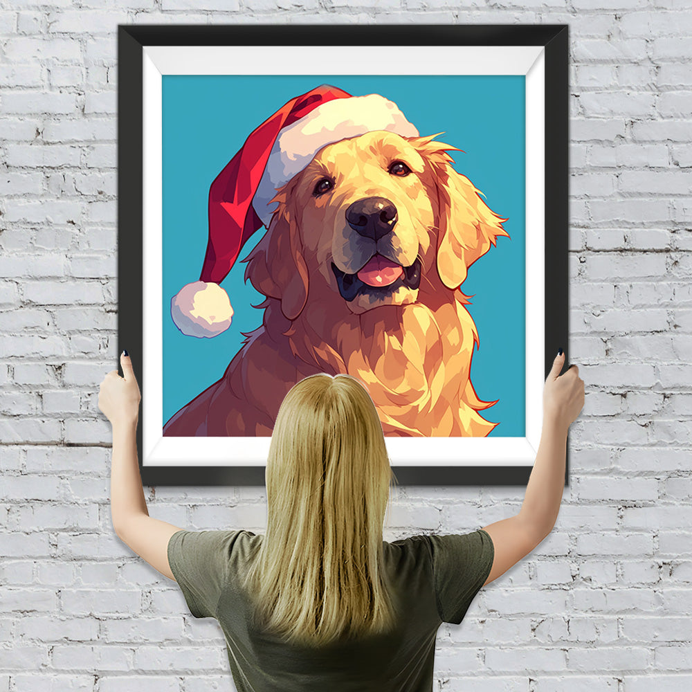 Golden Retriever mit roter Nikolausmütze Diamond Painting