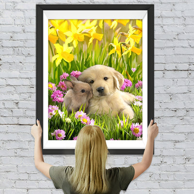 Golden Retriever und Kaninchen in den gelben Blumen Diamond Painting