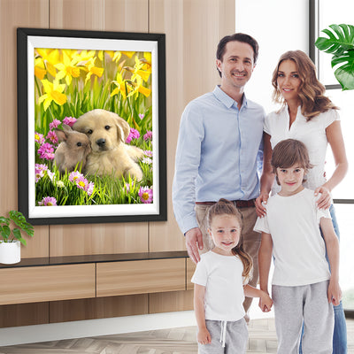 Golden Retriever und Kaninchen in den gelben Blumen Diamond Painting