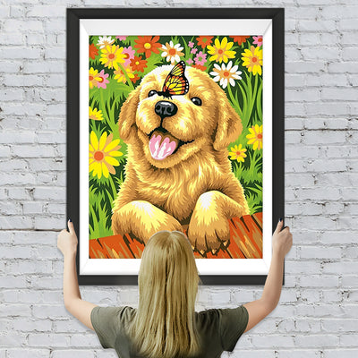 Golden Retriever und Schmetterling in den Blumen Diamond Painting