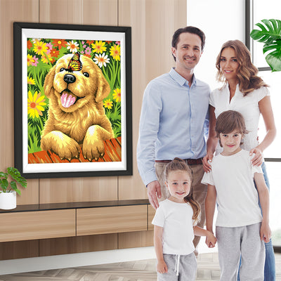 Golden Retriever und Schmetterling in den Blumen Diamond Painting