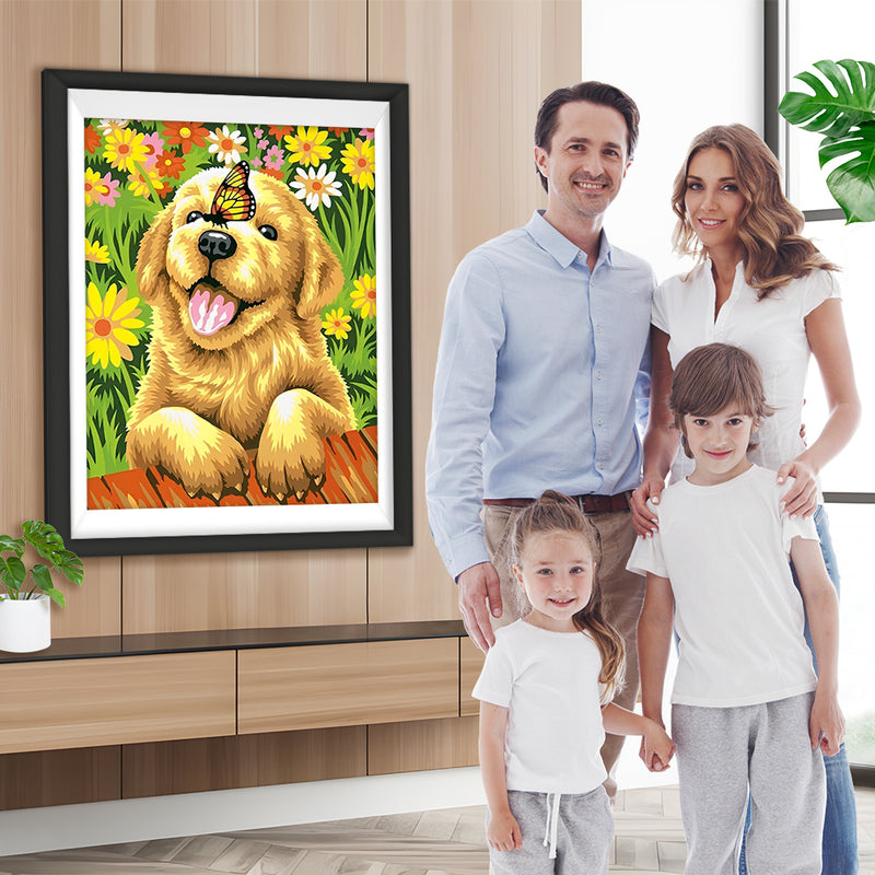 Golden Retriever und Schmetterling in den Blumen Diamond Painting