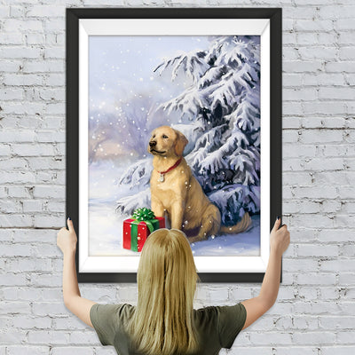 Golden Retriever und Weihnachtsgeschenk im Schnee Diamond Painting