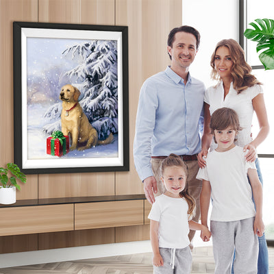 Golden Retriever und Weihnachtsgeschenk im Schnee Diamond Painting