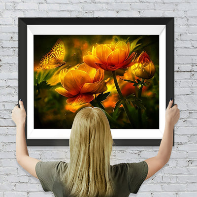 Goldene Blumen und Schmetterling Diamond Painting