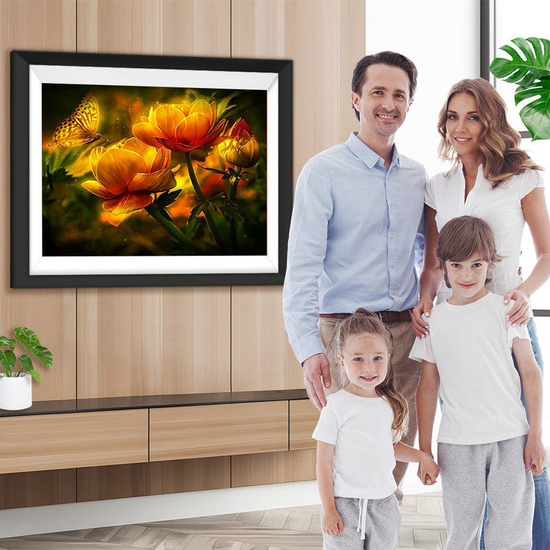 Goldene Blumen und Schmetterling Diamond Painting