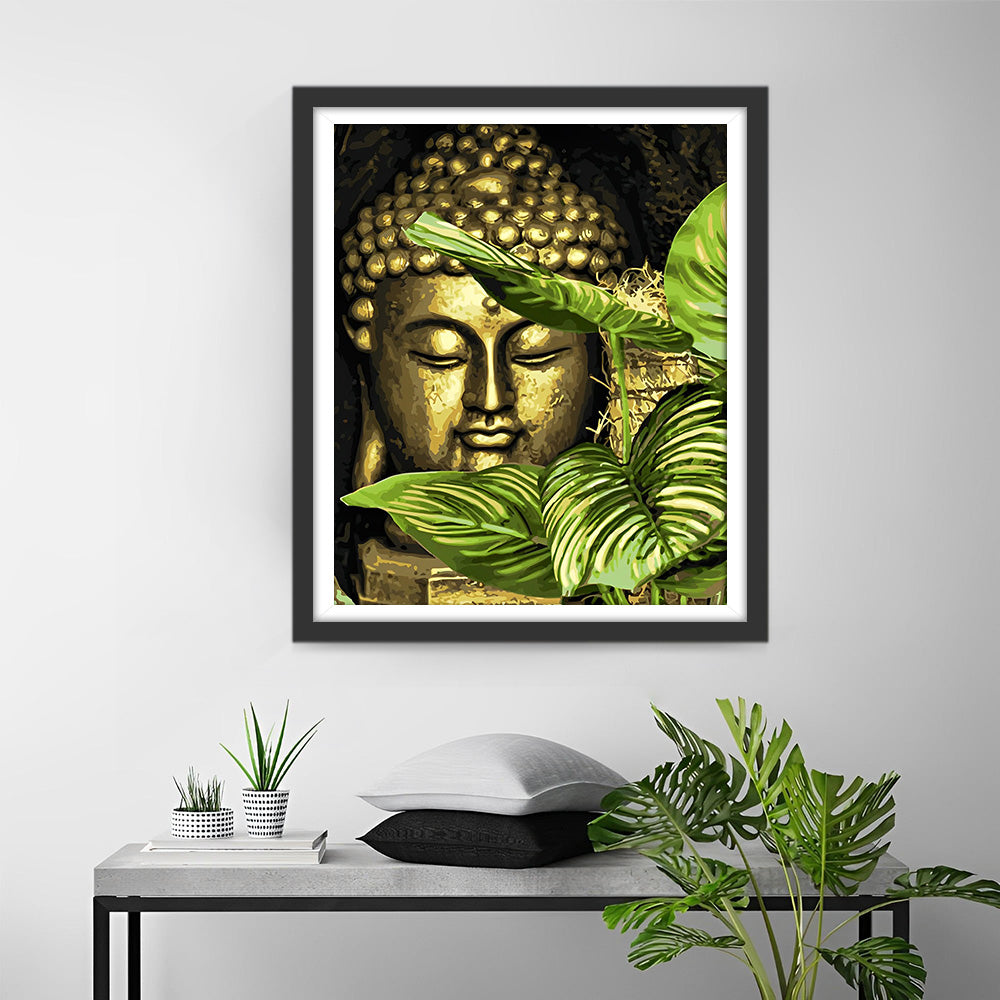 Goldener Buddha und grüne Blätter Diamond Painting