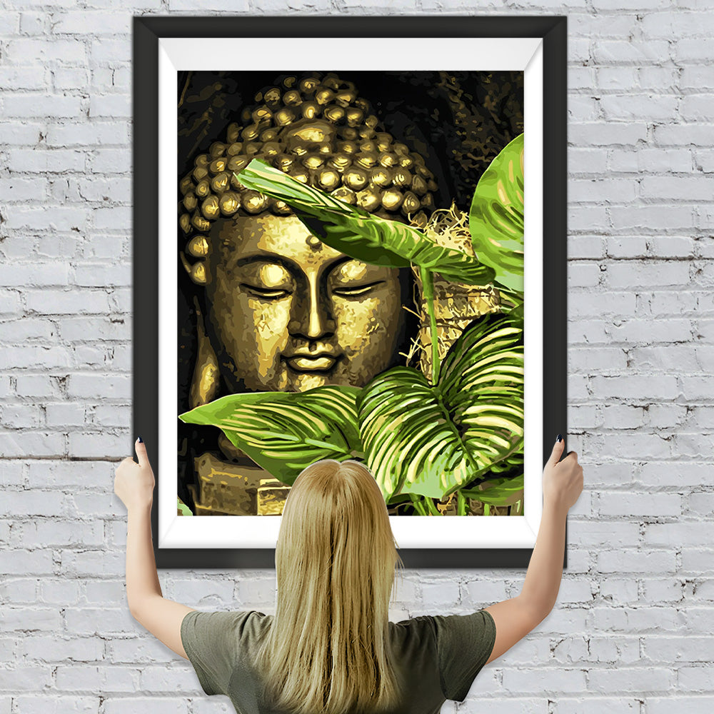 Goldener Buddha und grüne Blätter Diamond Painting