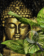 Goldener Buddha und grüne Blätter Diamond Painting