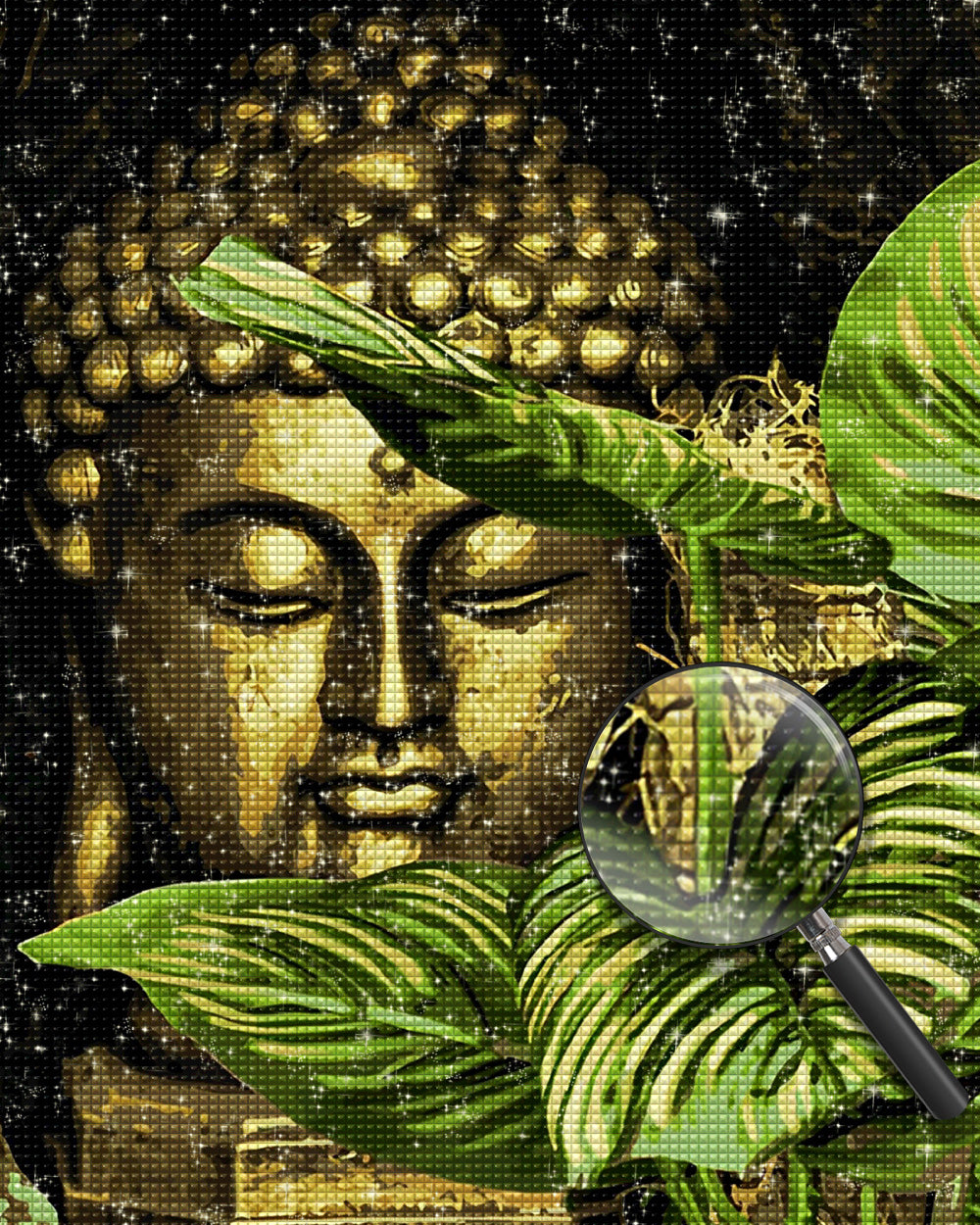 Goldener Buddha und grüne Blätter Diamond Painting
