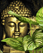 Goldener Buddha und grüne Blätter Diamond Painting