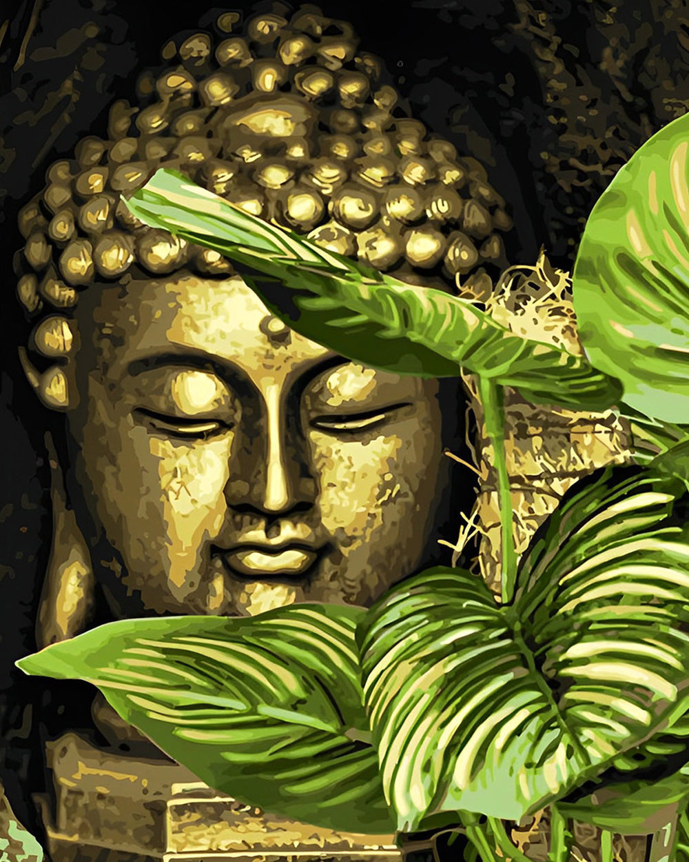Goldener Buddha und grüne Blätter Diamond Painting