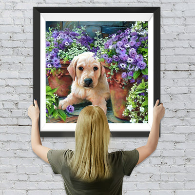 Goldener Retriever in lila Blumen Diamond Painting