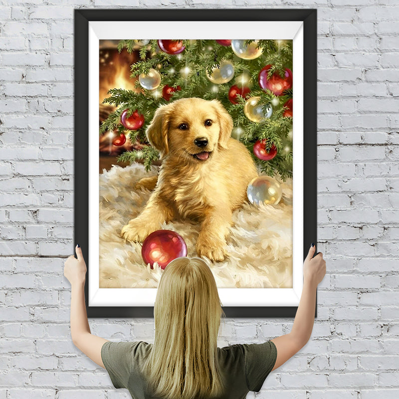 Goldener Retriever unter dem Weihnachtsbaum Diamond Painting