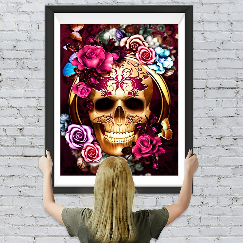 Goldener Totenkopf und Rosen Diamond Painting