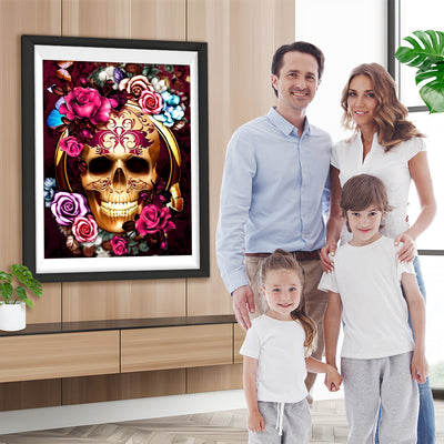 Goldener Totenkopf und Rosen Diamond Painting