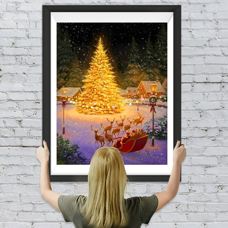 Goldener Weihnachtsbaum im Dorf Diamond Painting