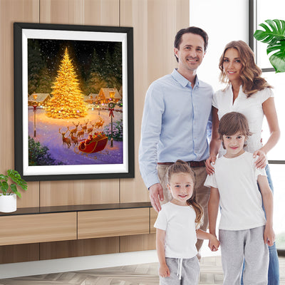 Goldener Weihnachtsbaum im Dorf Diamond Painting