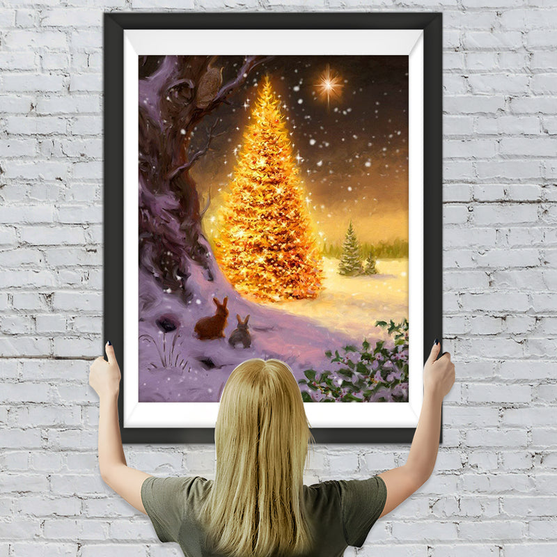 Goldener Weihnachtsbaum und Kaninchen Diamond Painting