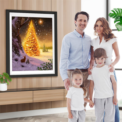 Goldener Weihnachtsbaum und Kaninchen Diamond Painting