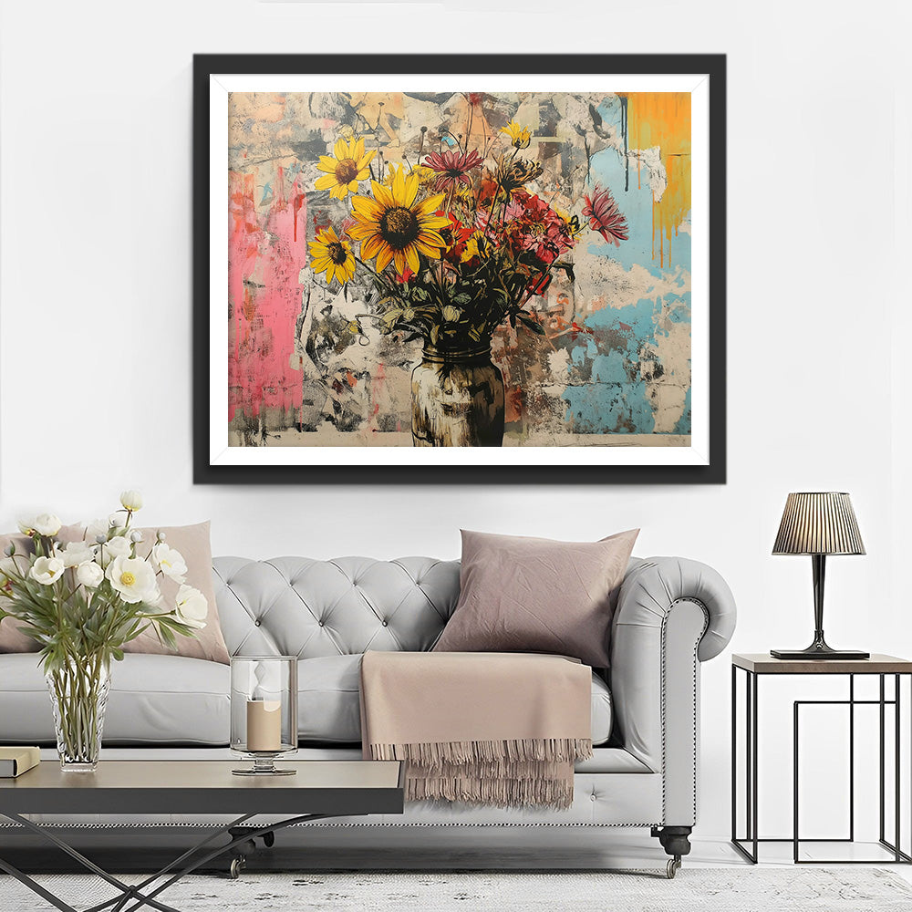 Graffiti aus Sonnenblumen und Chrysanthemen Diamond Painting