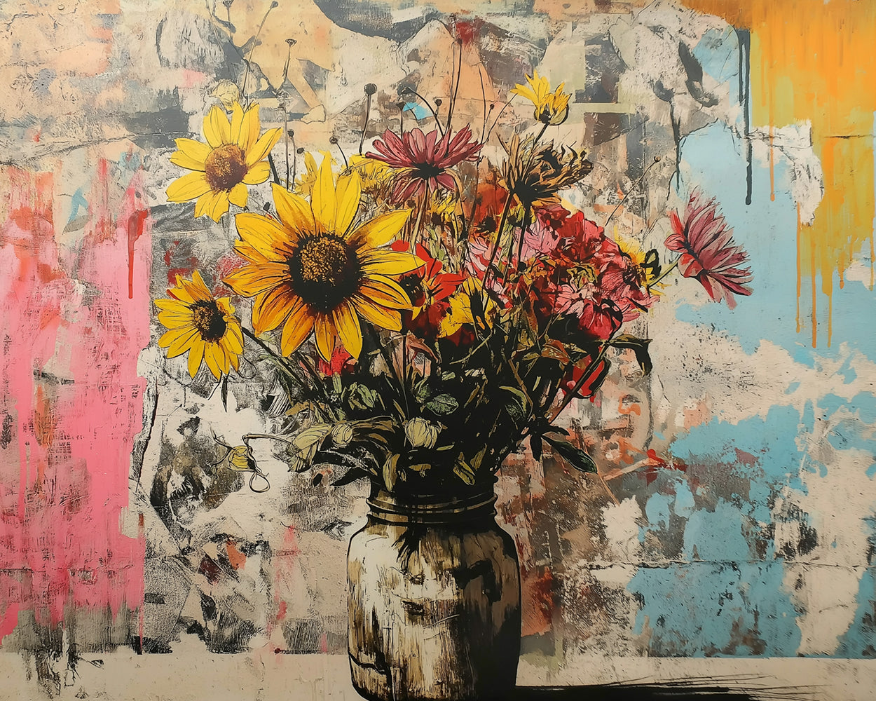 Graffiti aus Sonnenblumen und Chrysanthemen Diamond Painting