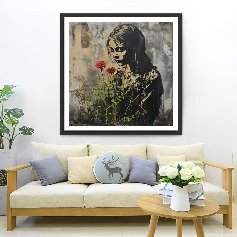 Graffiti Mädchen und rote Blumen Diamond Painting