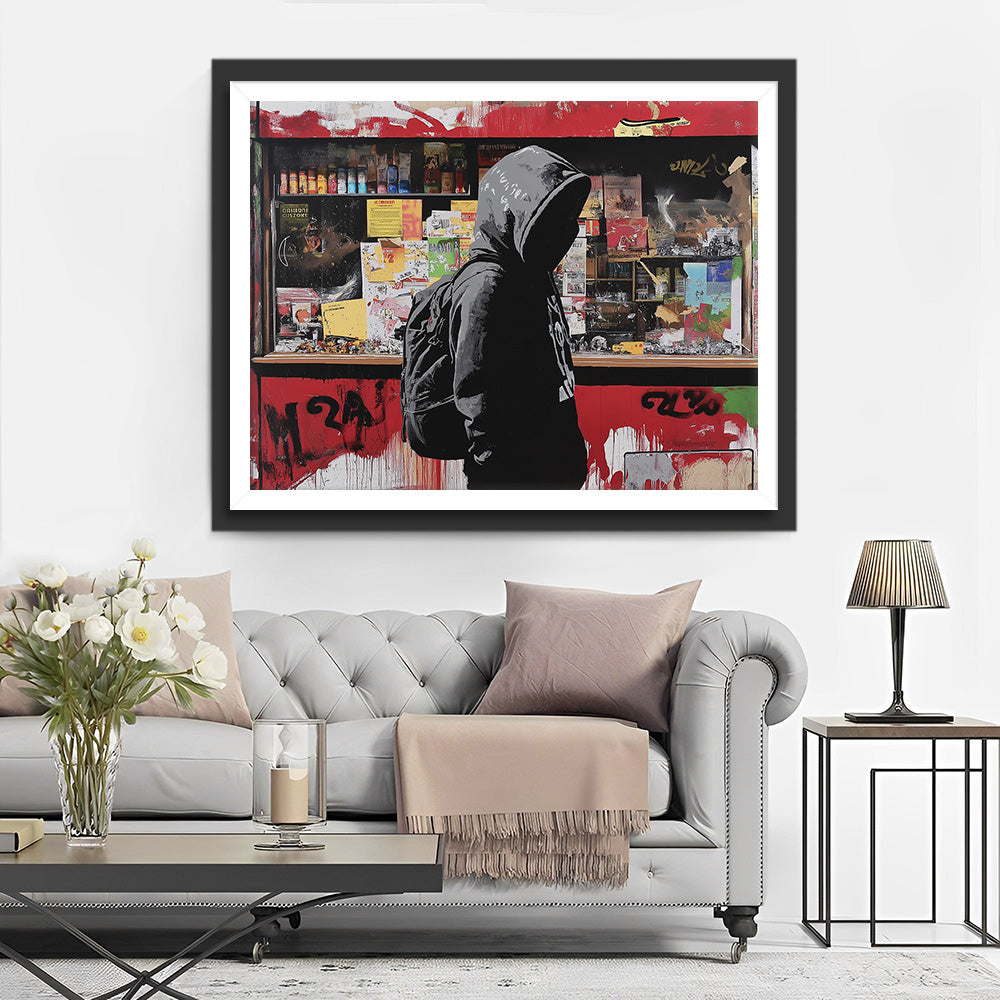 Graffiti Shop und Mann im Hoodie Diamond Painting