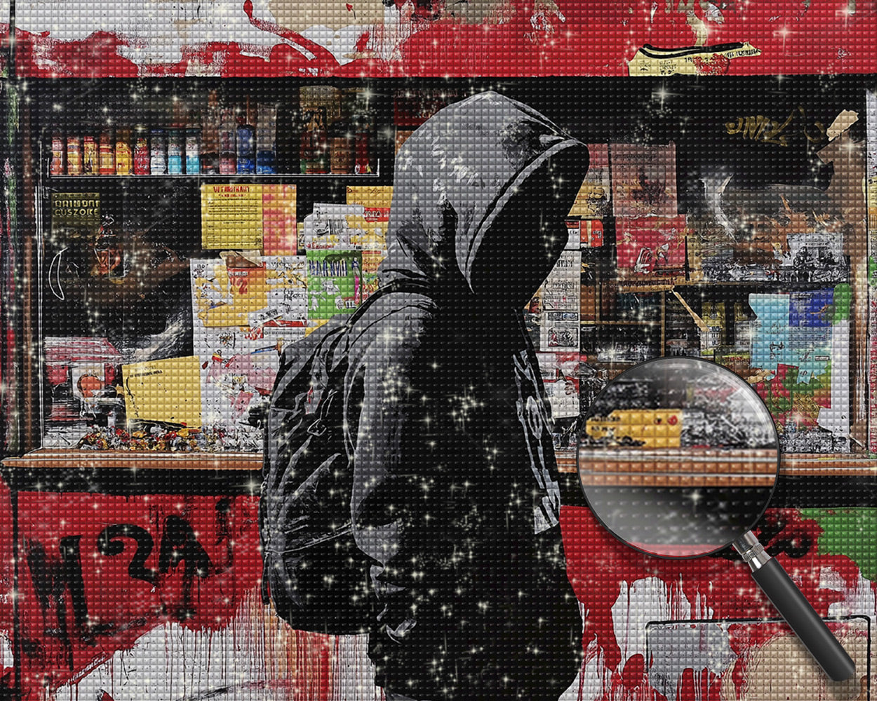 Graffiti Shop und Mann im Hoodie Diamond Painting