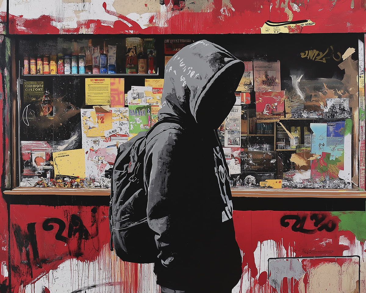 Graffiti Shop und Mann im Hoodie Diamond Painting
