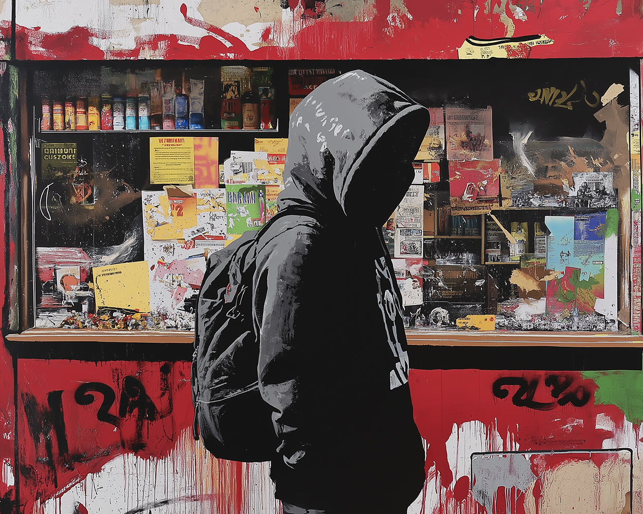 Graffiti Shop und Mann im Hoodie Diamond Painting