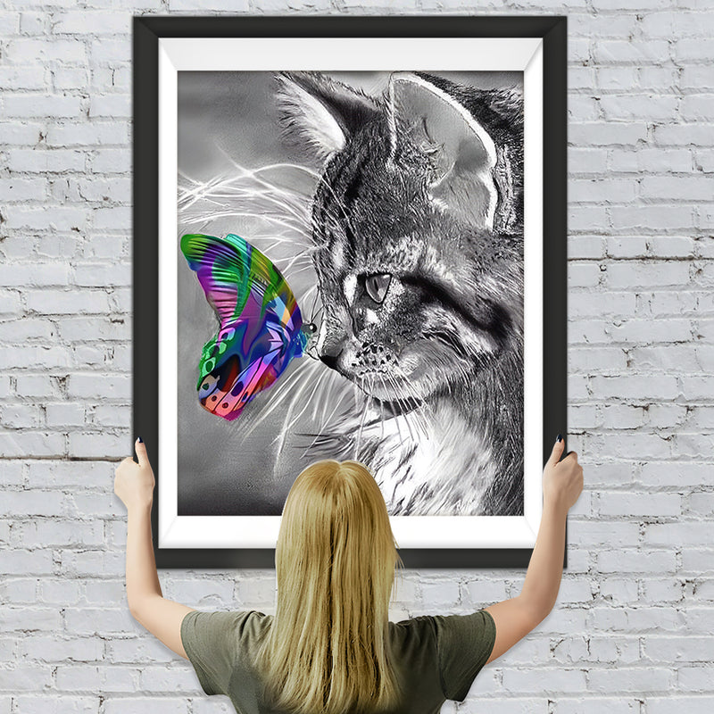 Graue Katze und bunter Schmetterling Diamond Painting