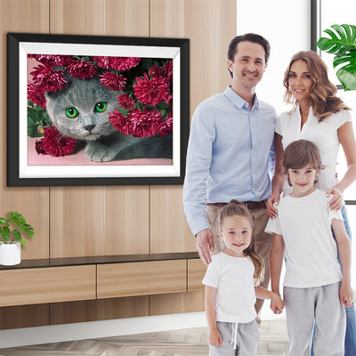 Graue Katze und rote Chrysantheme Diamond Painting